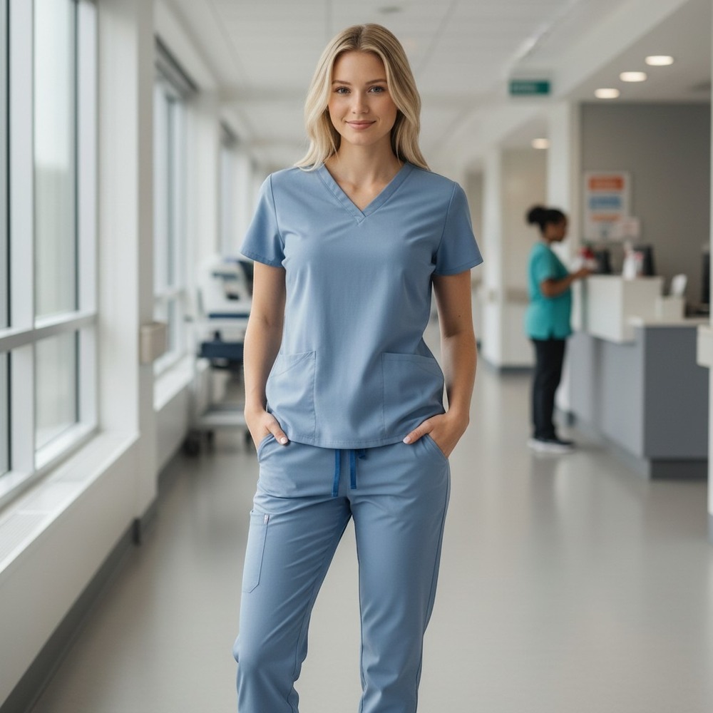 Mandala Blue Scrub Set Womens Large V-Neck Top and Jogger Pants 2 Piece Set